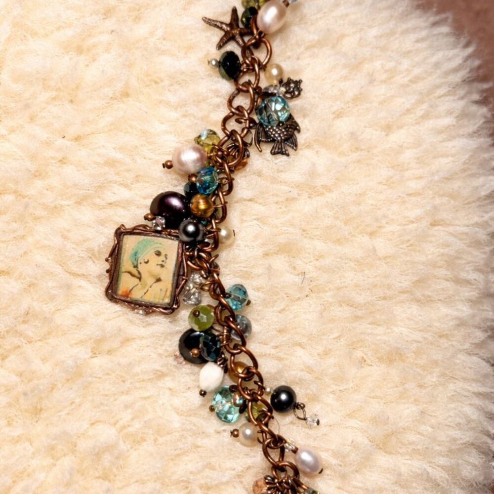 Signed PE JBB Artisan Charm Bracelet Antiqued Copper Lady Portrait Pearls 7.1"